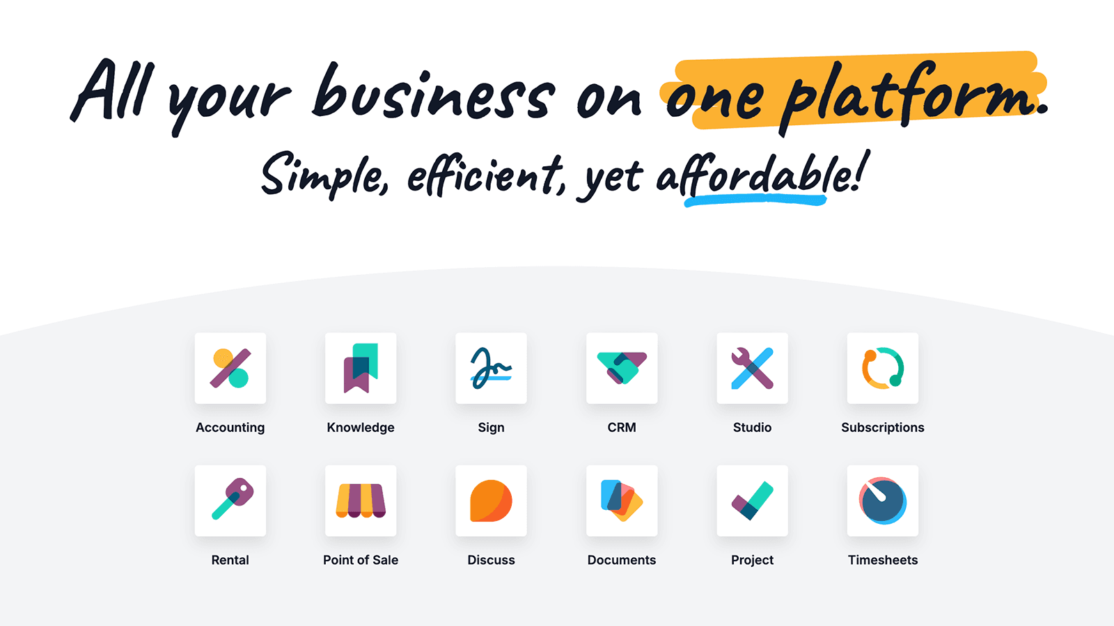 Odoo platform showcasing 12 integrated business modules