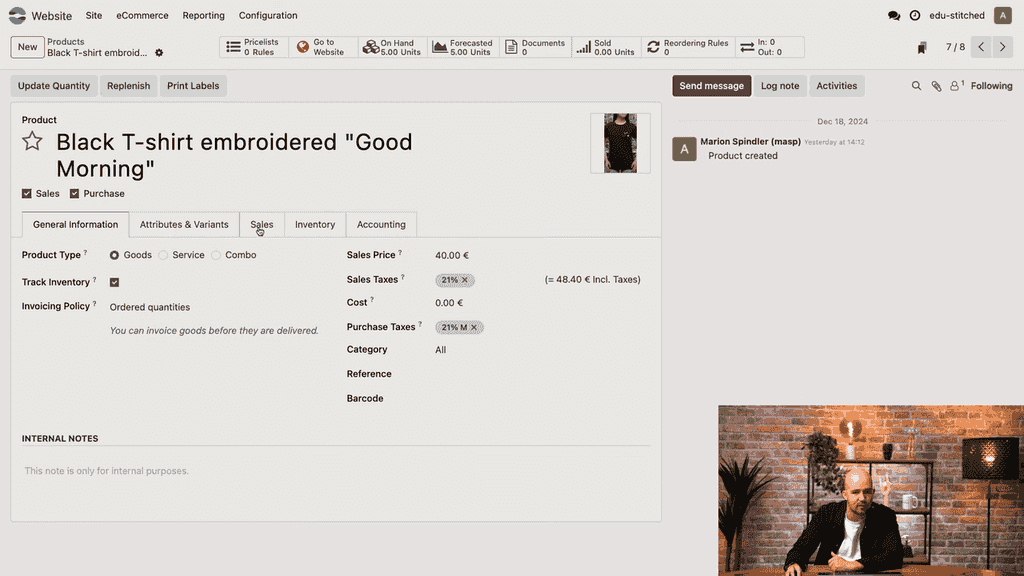 Sales tab with Published checkbox