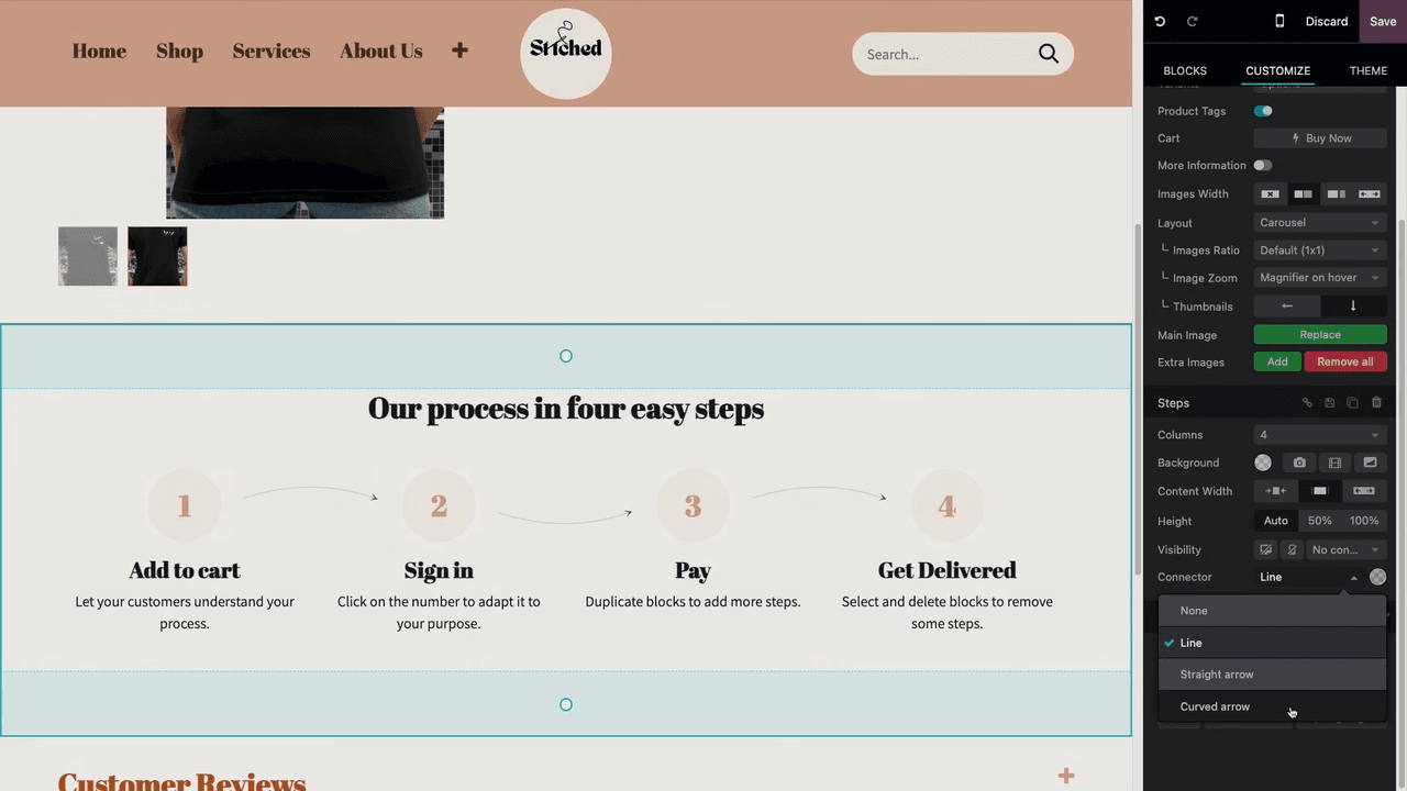 Customizing Steps block with curved arrows
