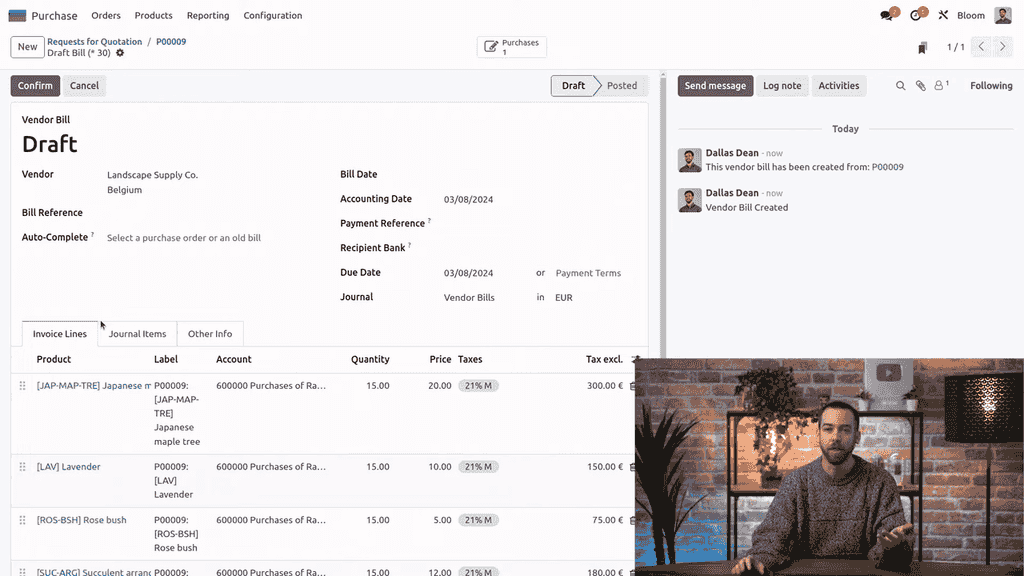 Vendor bill auto-populated from purchase order