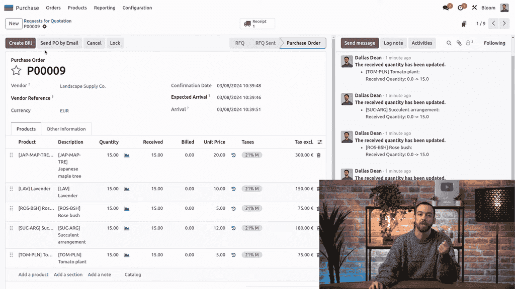 Create Bill button on purchase order
