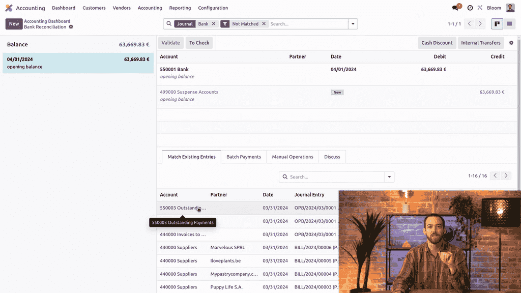 Bank reconciliation screen showing suggested opening entry match