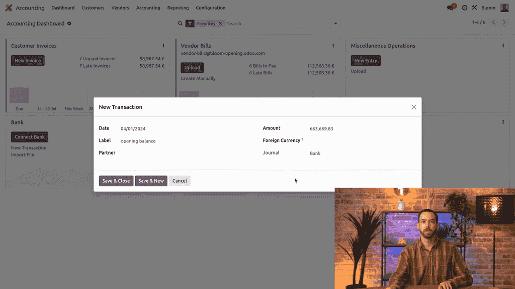 Bank transaction form with opening balance details filled in