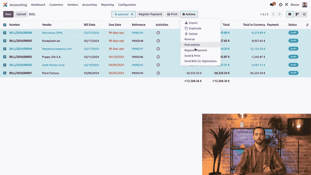 Imported vendor bills selected for bulk posting