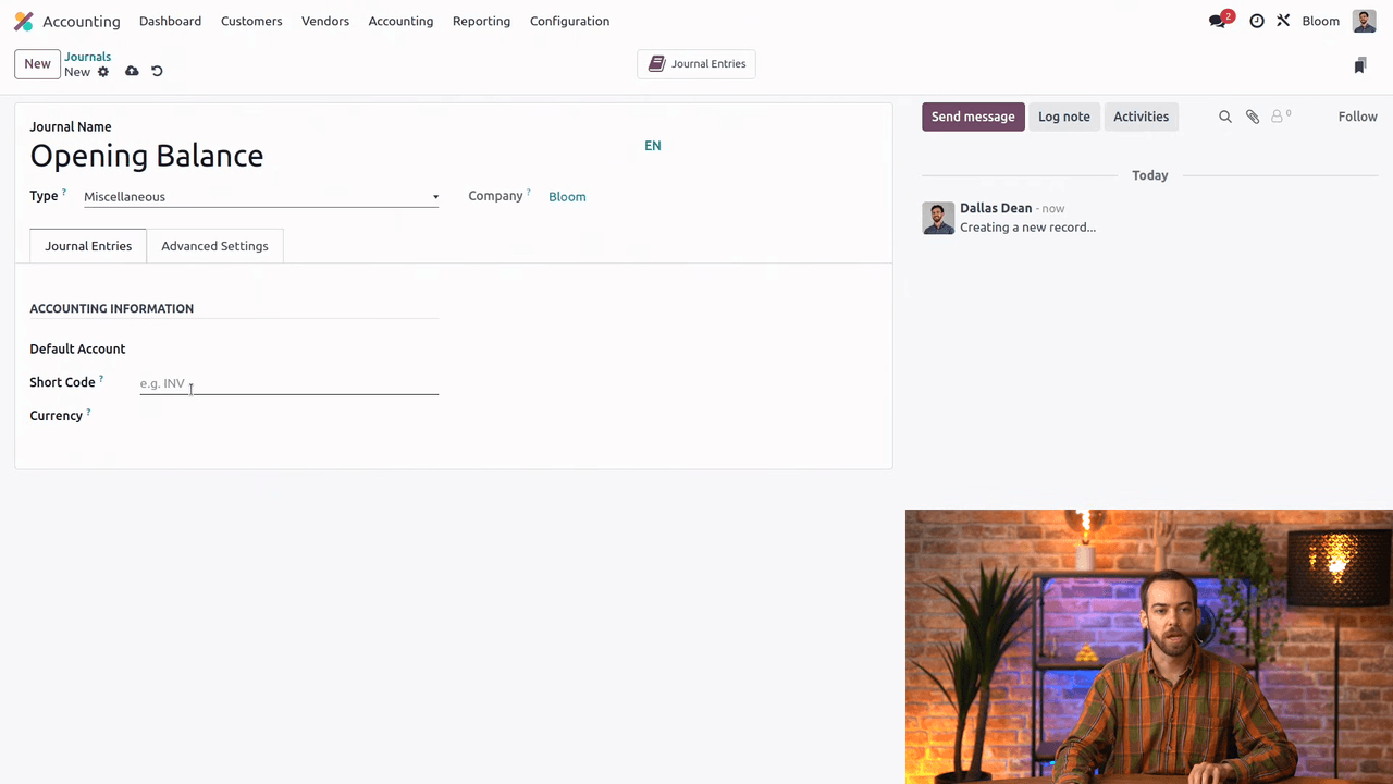 Odoo journal creation form with Opening Balance journal configured