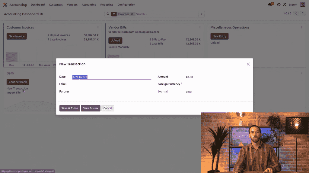 Accounting dashboard with New Transaction button highlighted