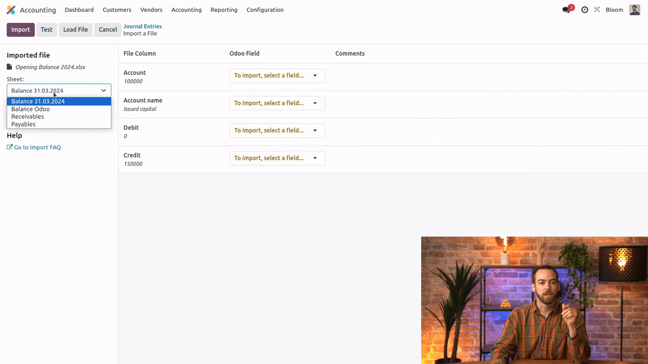 Odoo import records dialog with file uploaded and balance sheet selected