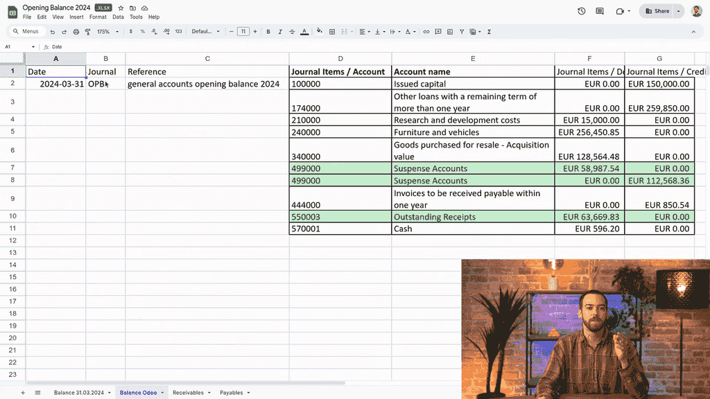 Spreadsheet showing the balance sheet ready for Odoo import with replaced accounts