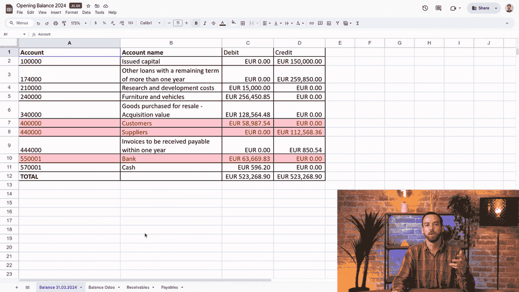 Spreadsheet showing the general ledger sheet with highlighted accounts to change