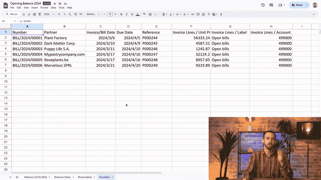 Spreadsheet showing the payables tab with vendor bill lines