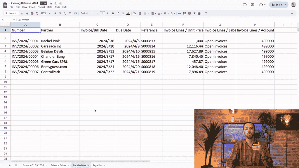 Spreadsheet showing the receivables tab with invoice lines and suspense account