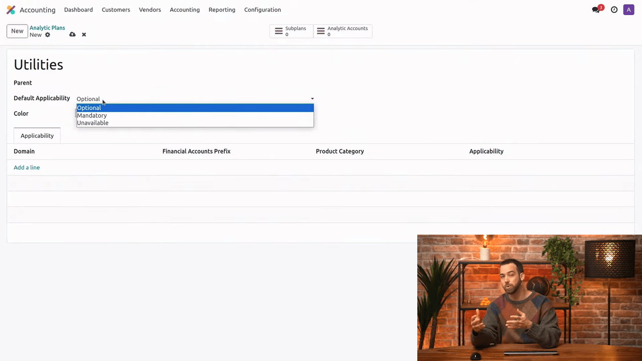 Default applicability dropdown showing Optional, Mandatory, Unavailable