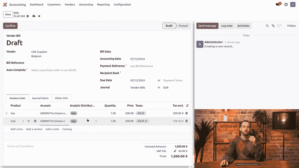 New vendor bill line with distribution auto-filled by the model