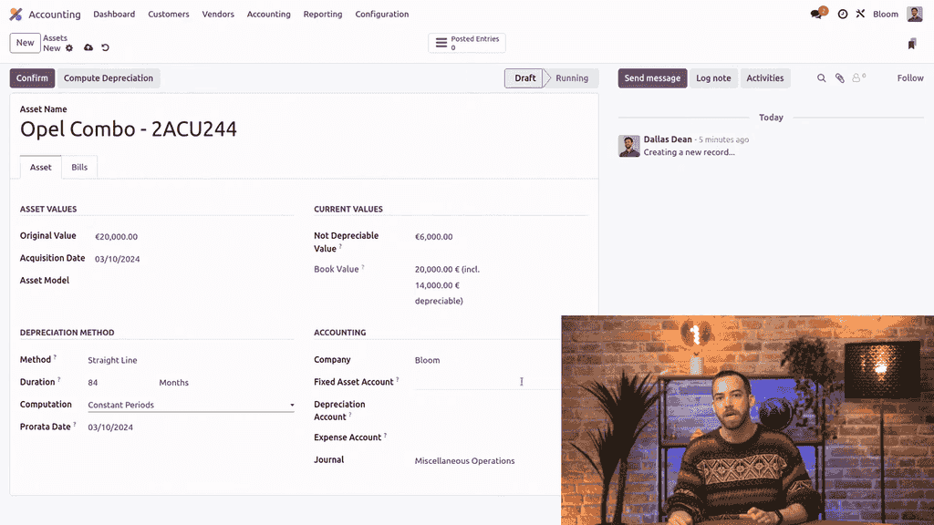 Account fields showing fixed asset account, depreciation account, and expense account