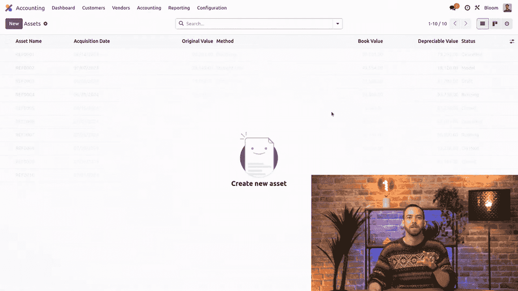 Accounting Assets menu showing the asset list view