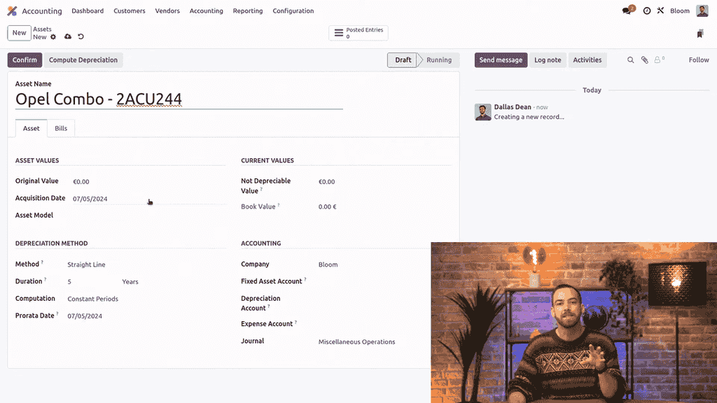 Asset value section showing original value, acquisition date, and book value fields