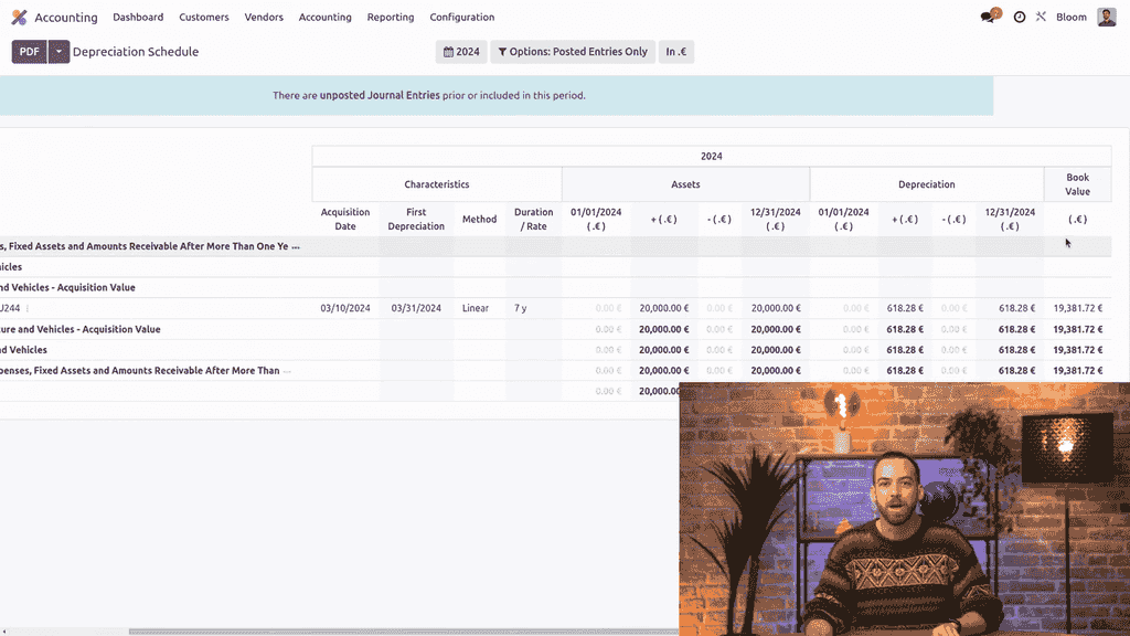 Depreciation schedule with draft entries filter enabled showing future depreciation