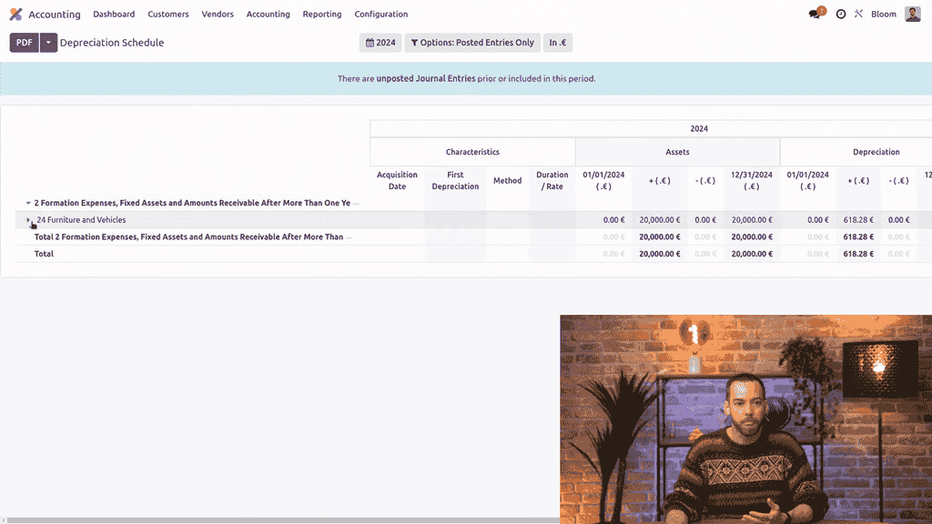 Depreciation schedule report showing assets grouped by account with characteristics and book value