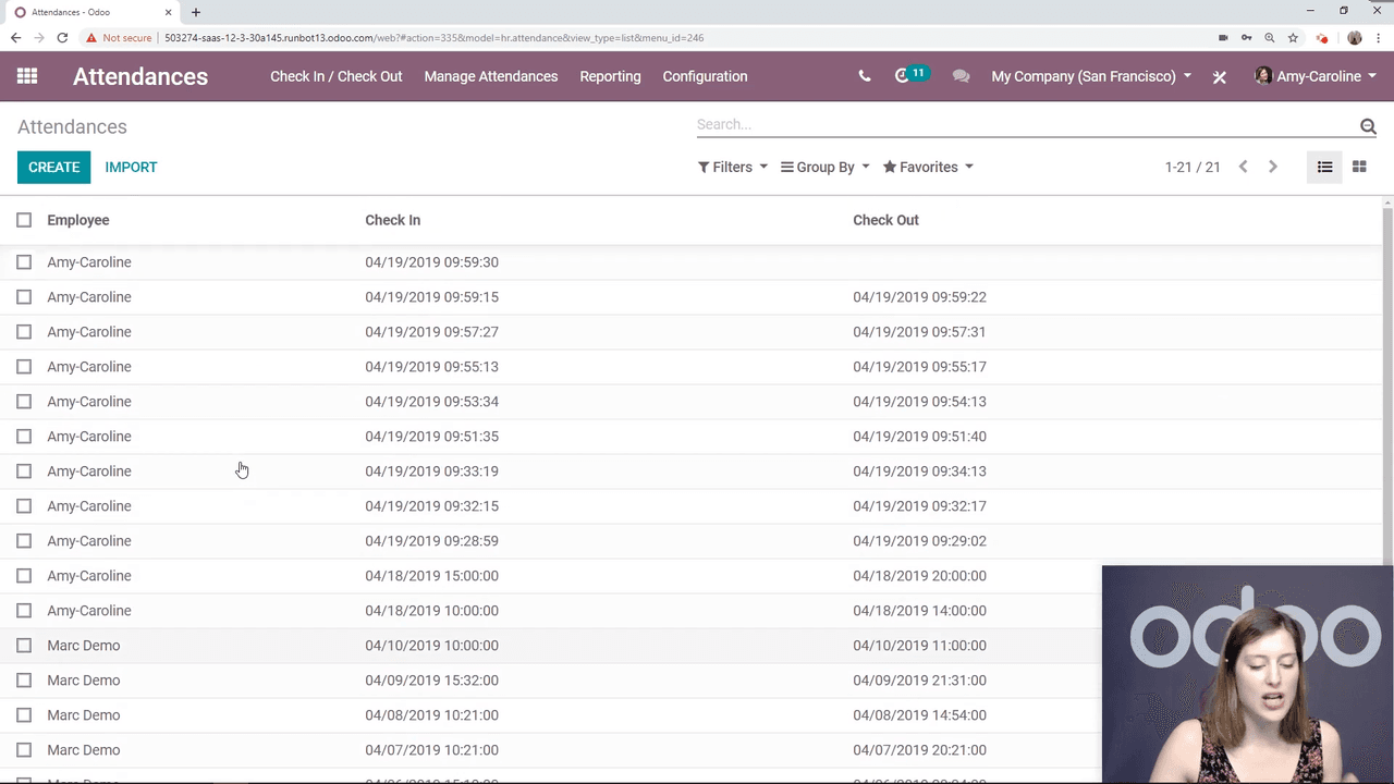Attendance records list showing check-in and check-out times