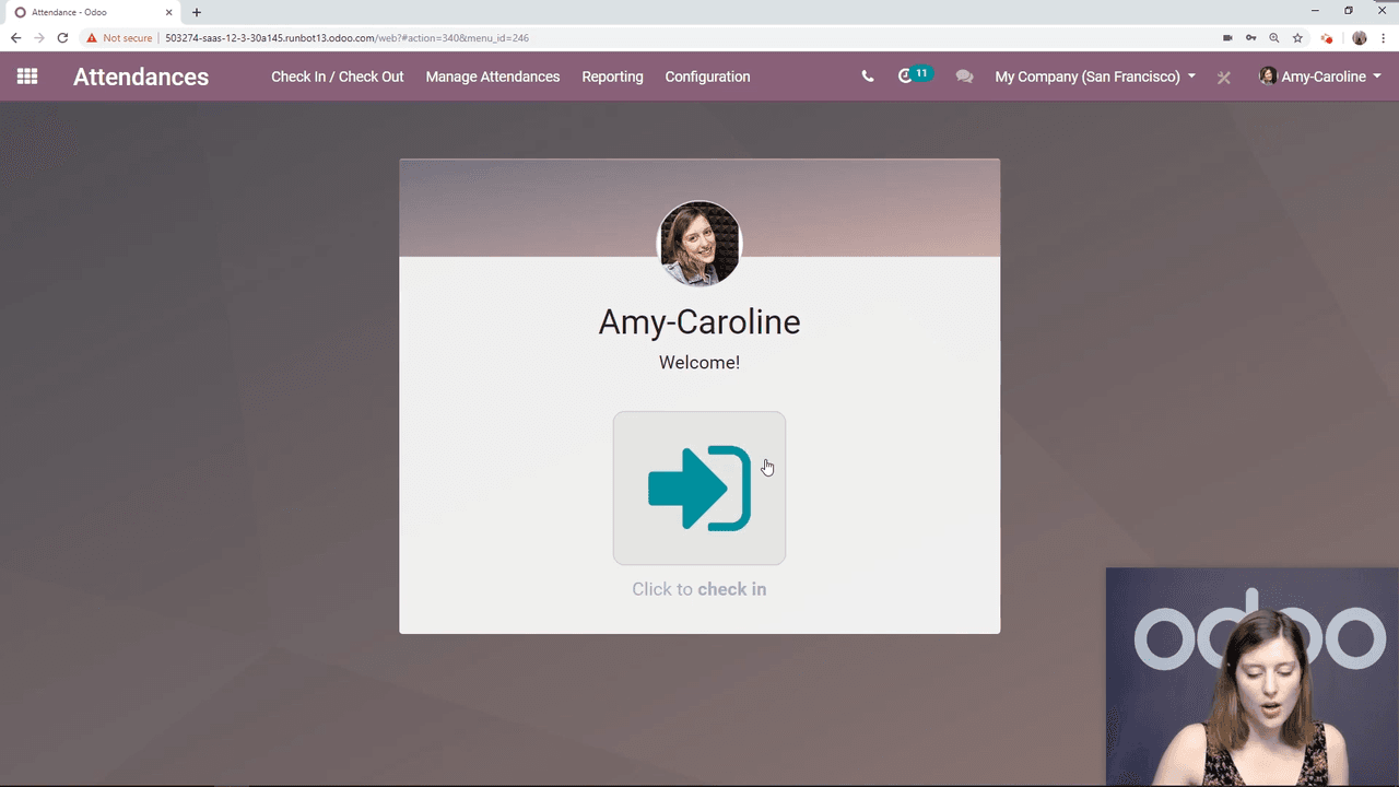 Employee check-in screen showing the Check In button