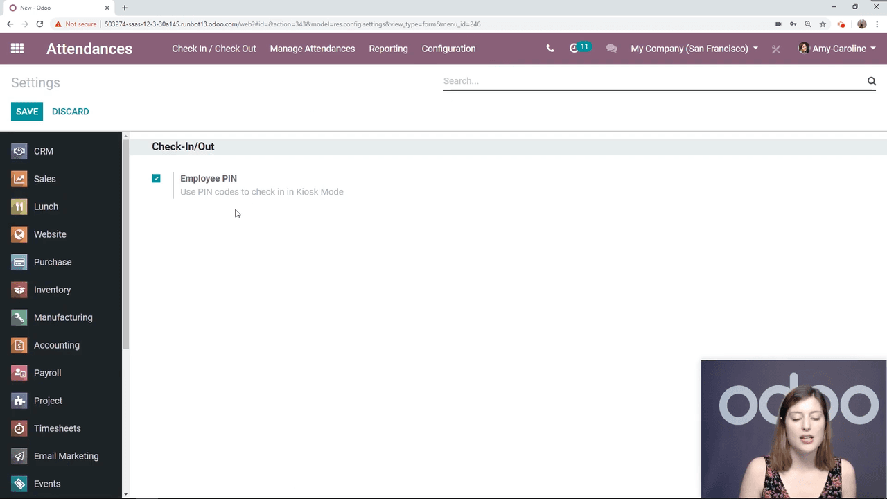 Attendance configuration page with Employee PIN option