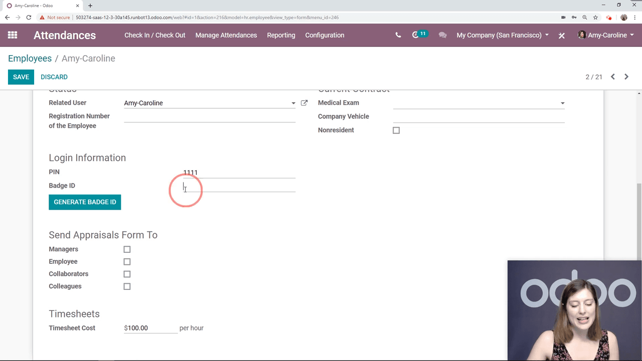 Employee HR Settings tab showing PIN and Badge ID fields