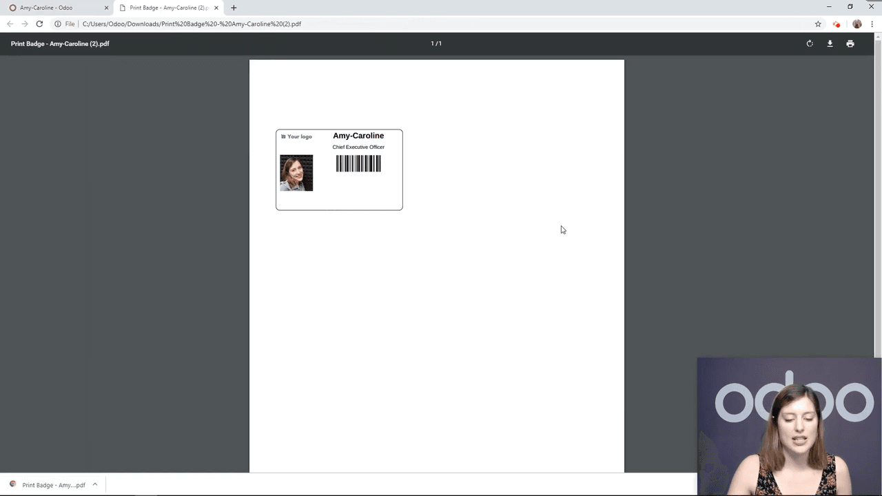 Generated employee badge with barcode