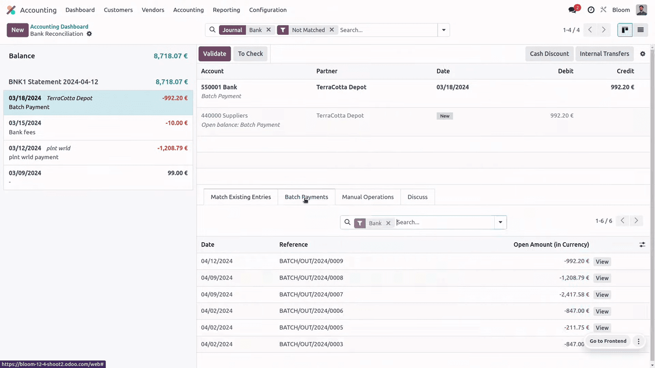Batch payments tab showing multiple invoices for reconciliation