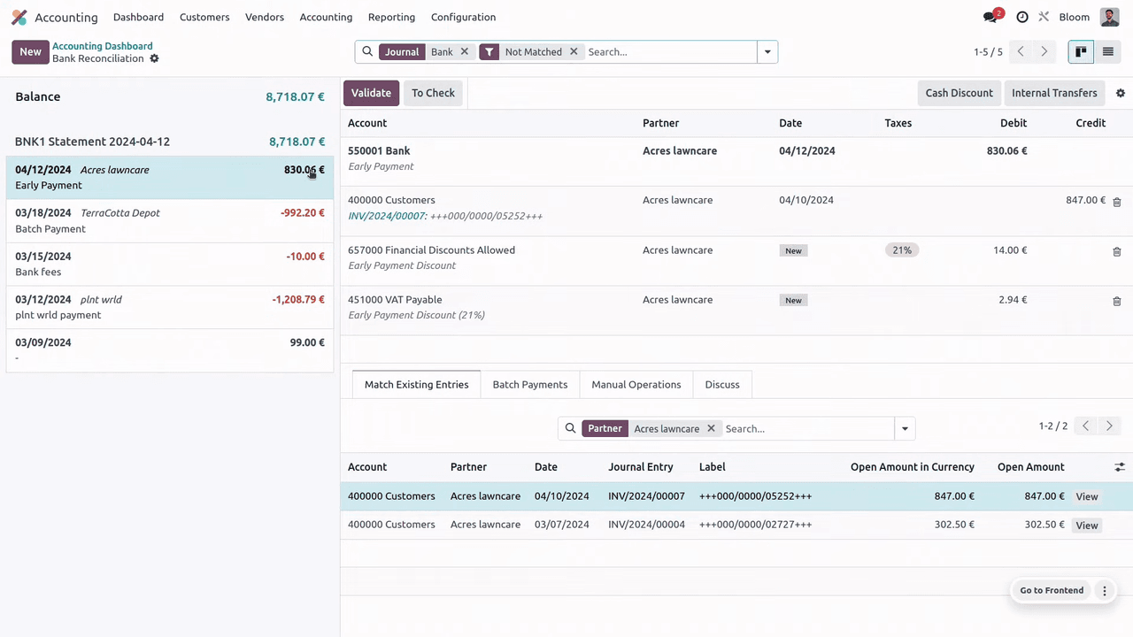 Early payment discount reconciliation with suggested discount account