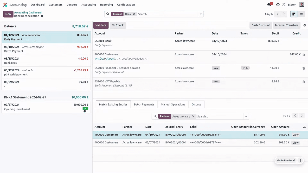 Previously matched transactions with green check marks
