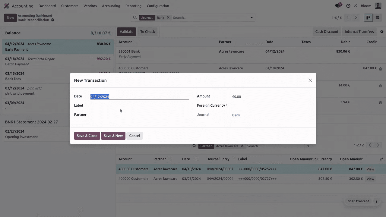 New transaction form in reconciliation view