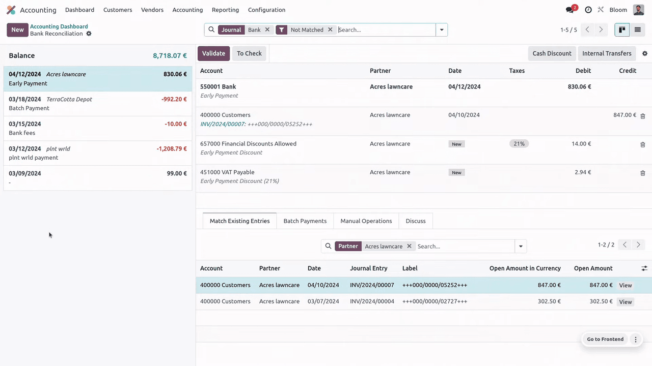 Reconciliation view showing left panel with transactions and bottom panel with open items