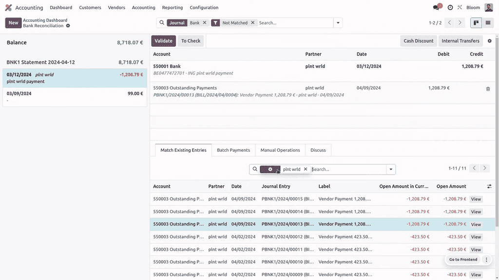 Search filter for matching entries by partner, reference, or amount