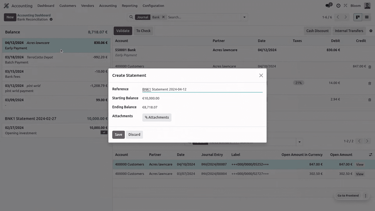 Statement creation wizard with starting and ending balance