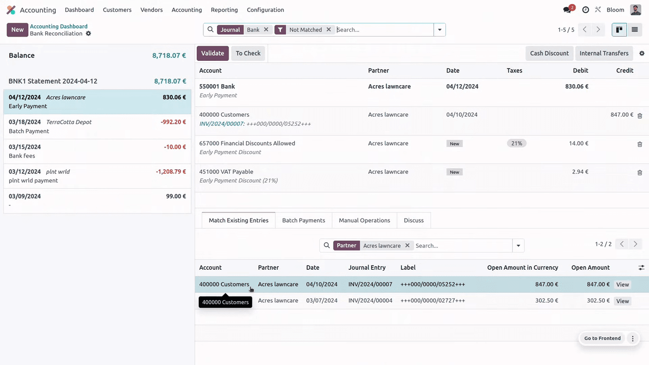 Blue highlighted suggested matches in reconciliation view
