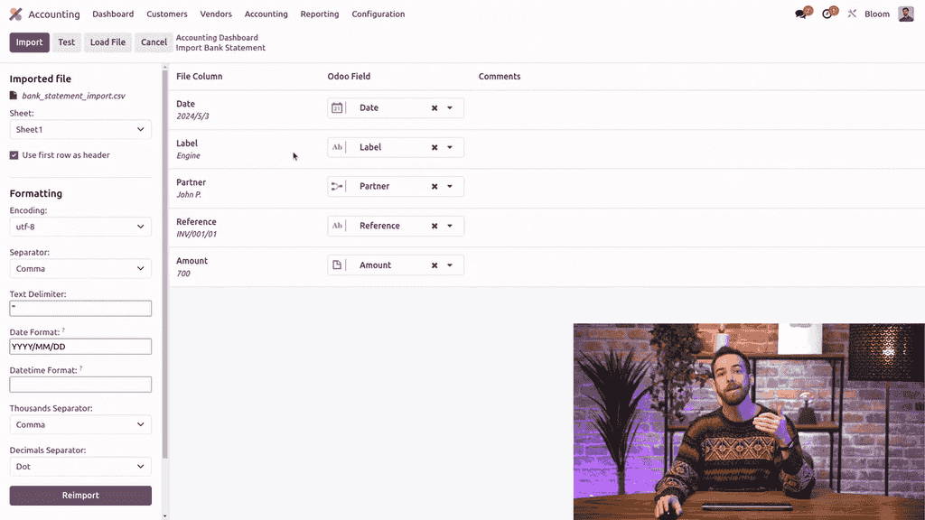 Column mapping interface showing file fields matched to Odoo fields