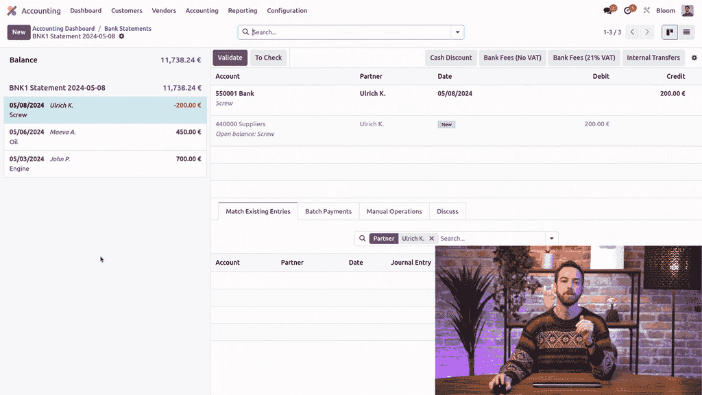 Bank statement view showing imported transactions