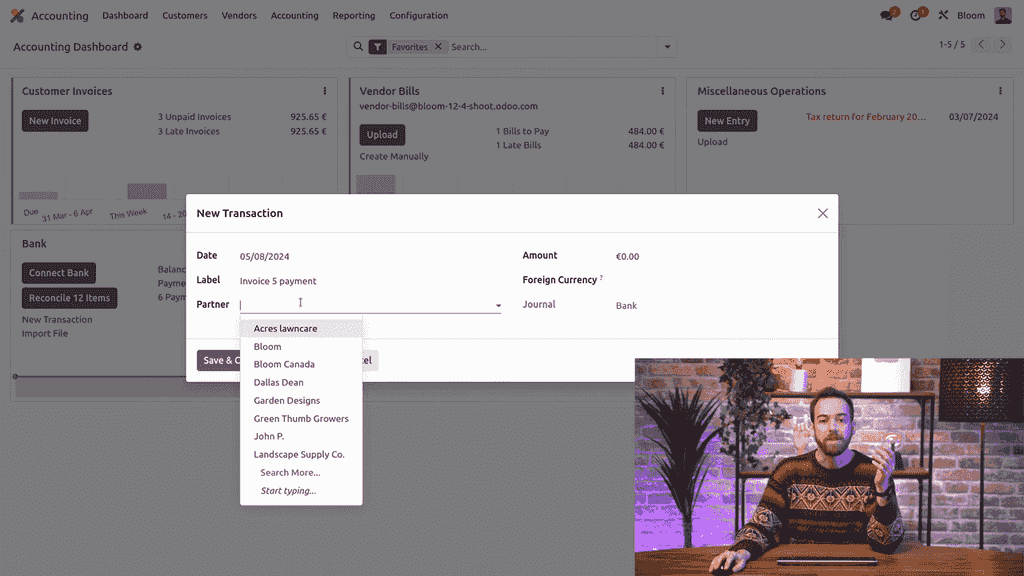 Manual bank transaction form with fields filled in