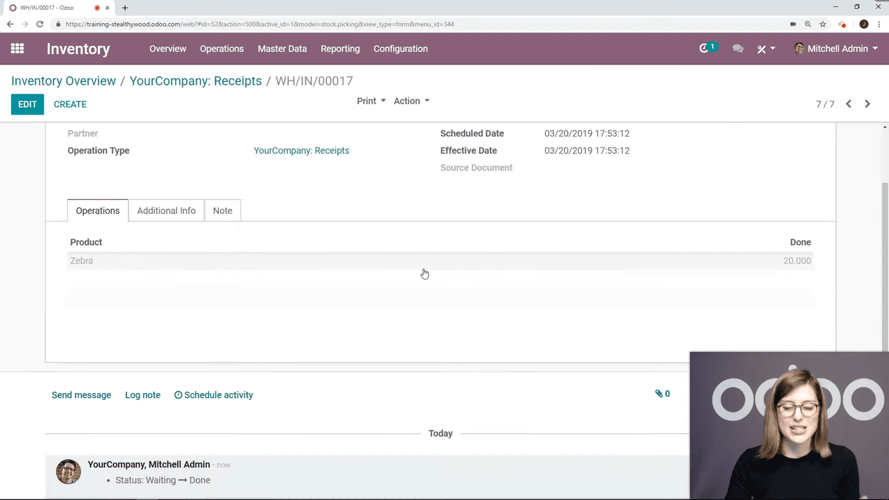Inventory receipts list showing validated receipt with Done status