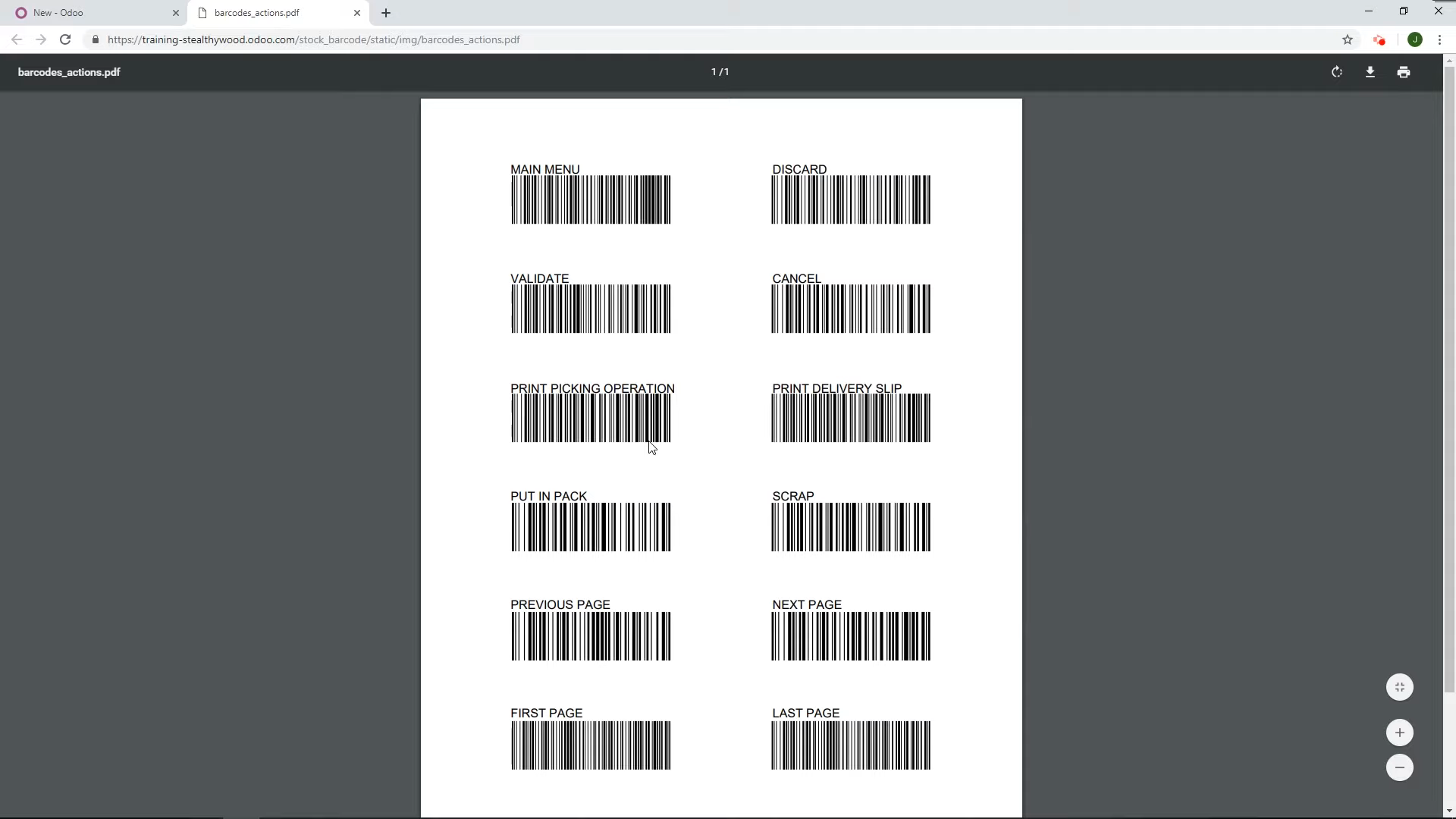PDF with printed barcode commands showing validate, discard, and cancel actions
