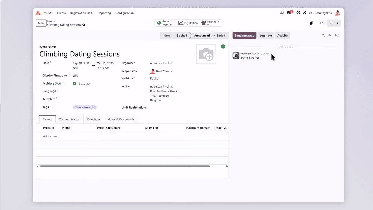 Odoo Events app displaying upcoming events
