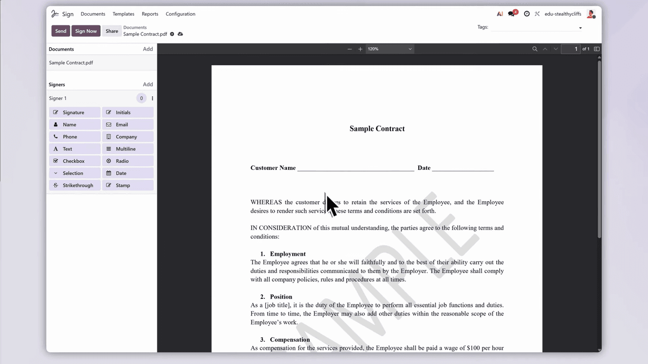 Odoo Sign interface showing digital waiver being sent
