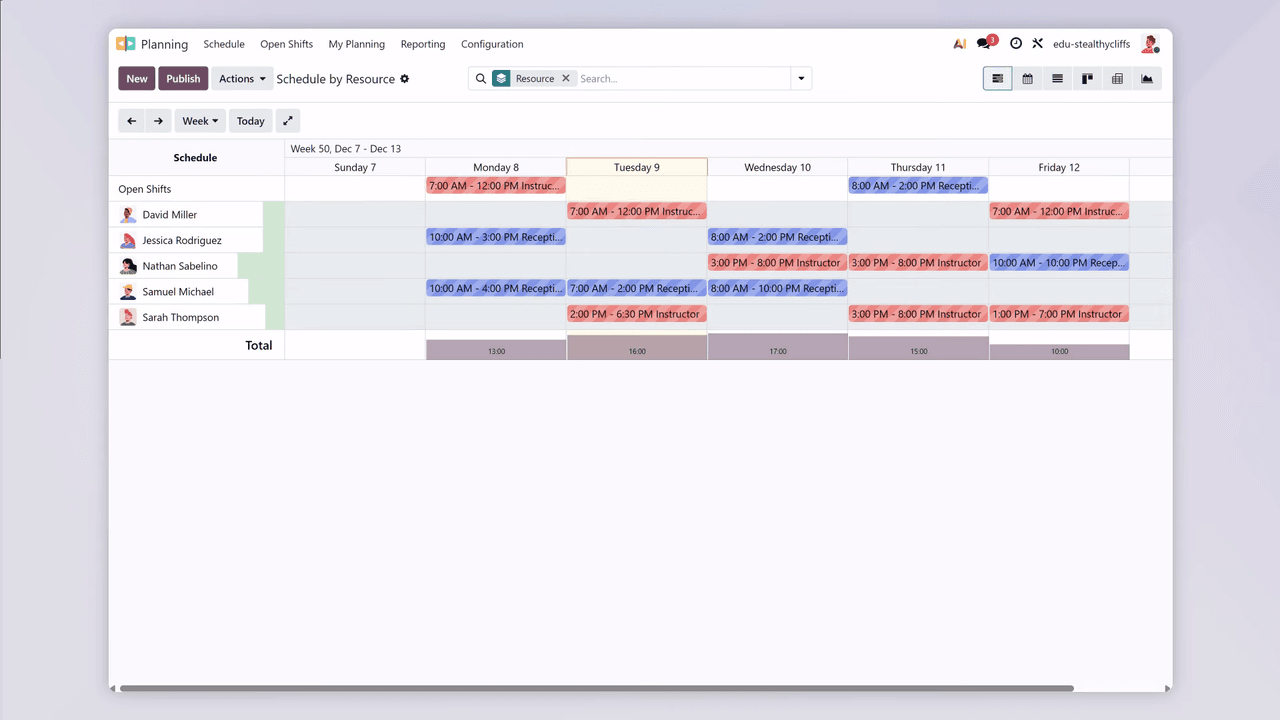 Odoo Planning app showing weekly staff schedule