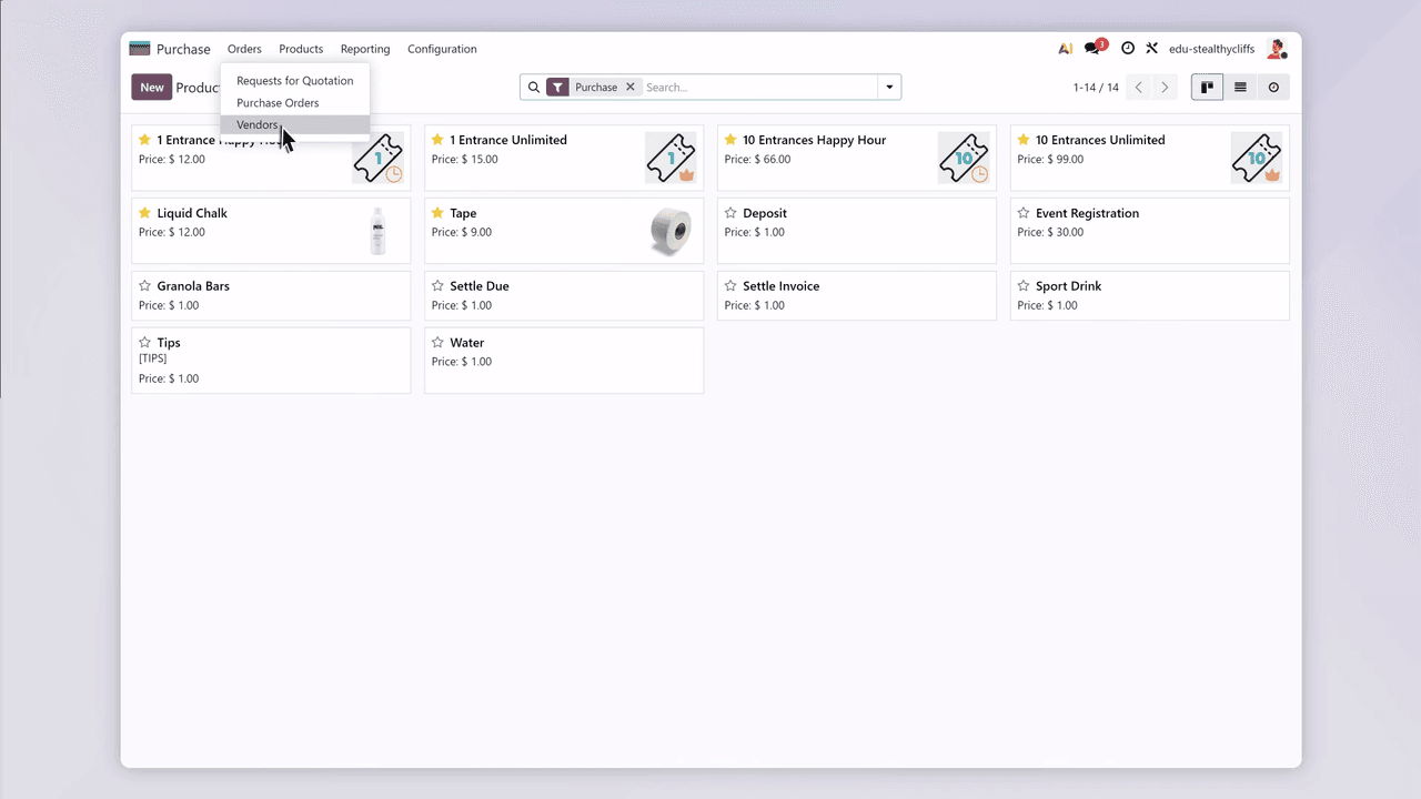 Odoo Purchase app showing vendor management
