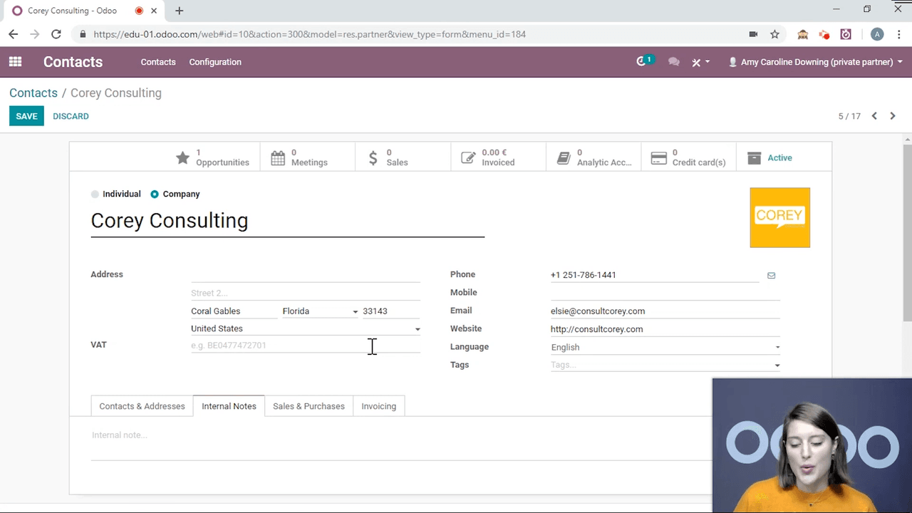 Internal Notes tab on contact form
