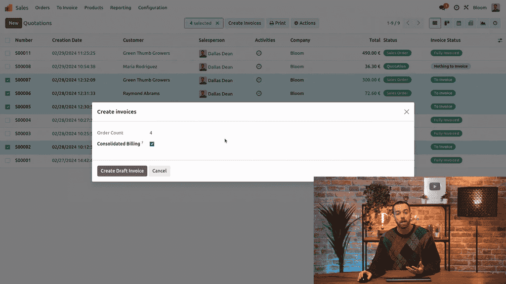 Consolidated billing option in bulk invoice creation dialog