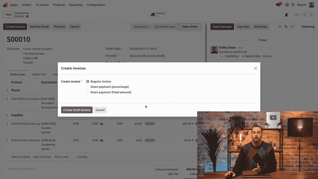 Create invoice dialog showing Regular Invoice and Down Payment options