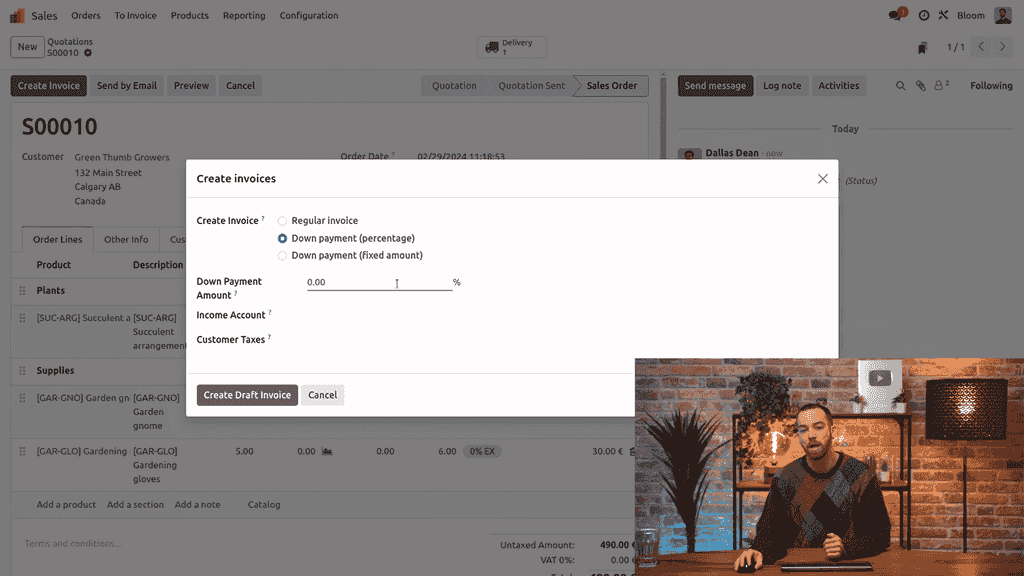 Down payment options in the create invoice dialog