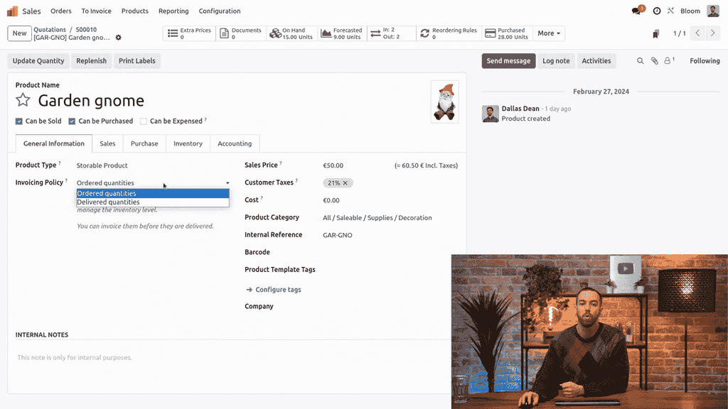 Invoicing policy set to ordered quantities on a product