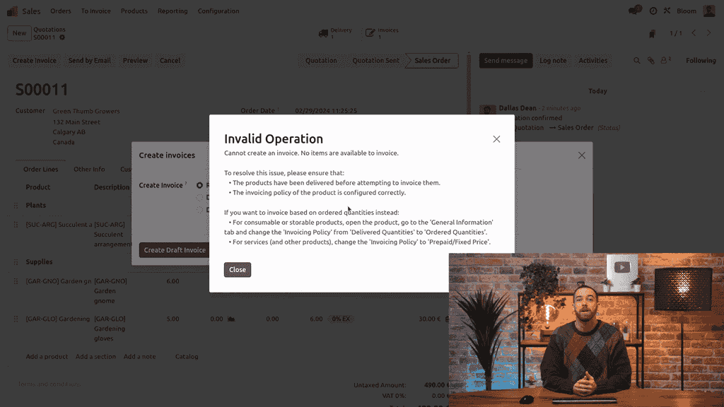 Error message when trying to invoice with no invoiceable lines